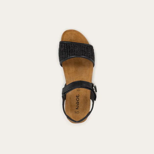 Cecil | Leather/Raffia | Shiny Black/Black - Sandals - Naot