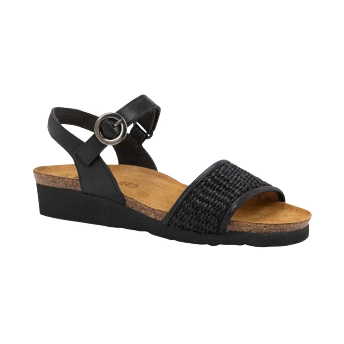 Cecile | Leather/Raffia | Shiny Black/Black - sandals - Naot