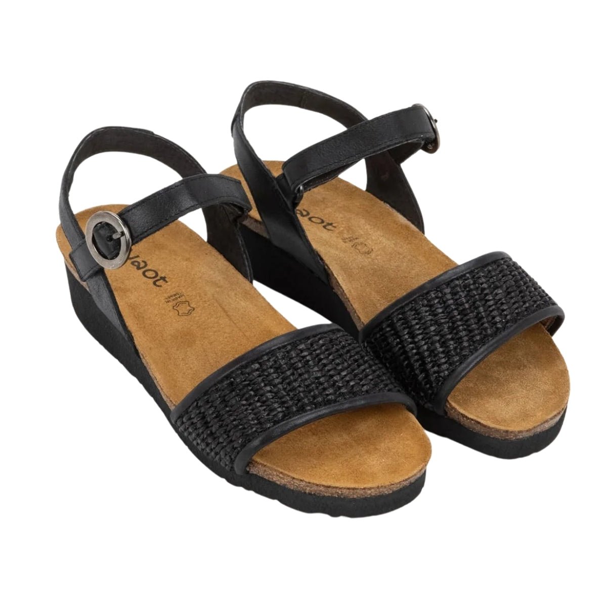 Cecile | Leather/Raffia | Shiny Black/Black - sandals - Naot