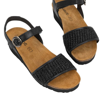 Cecile | Leather/Raffia | Shiny Black/Black - sandals - Naot