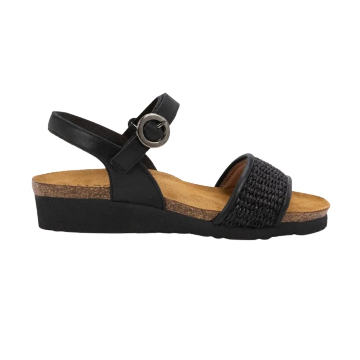 Cecile | Leather/Raffia | Shiny Black/Black - sandals - Naot