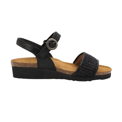 Cecile | Leather/Raffia | Shiny Black/Black - sandals - Naot