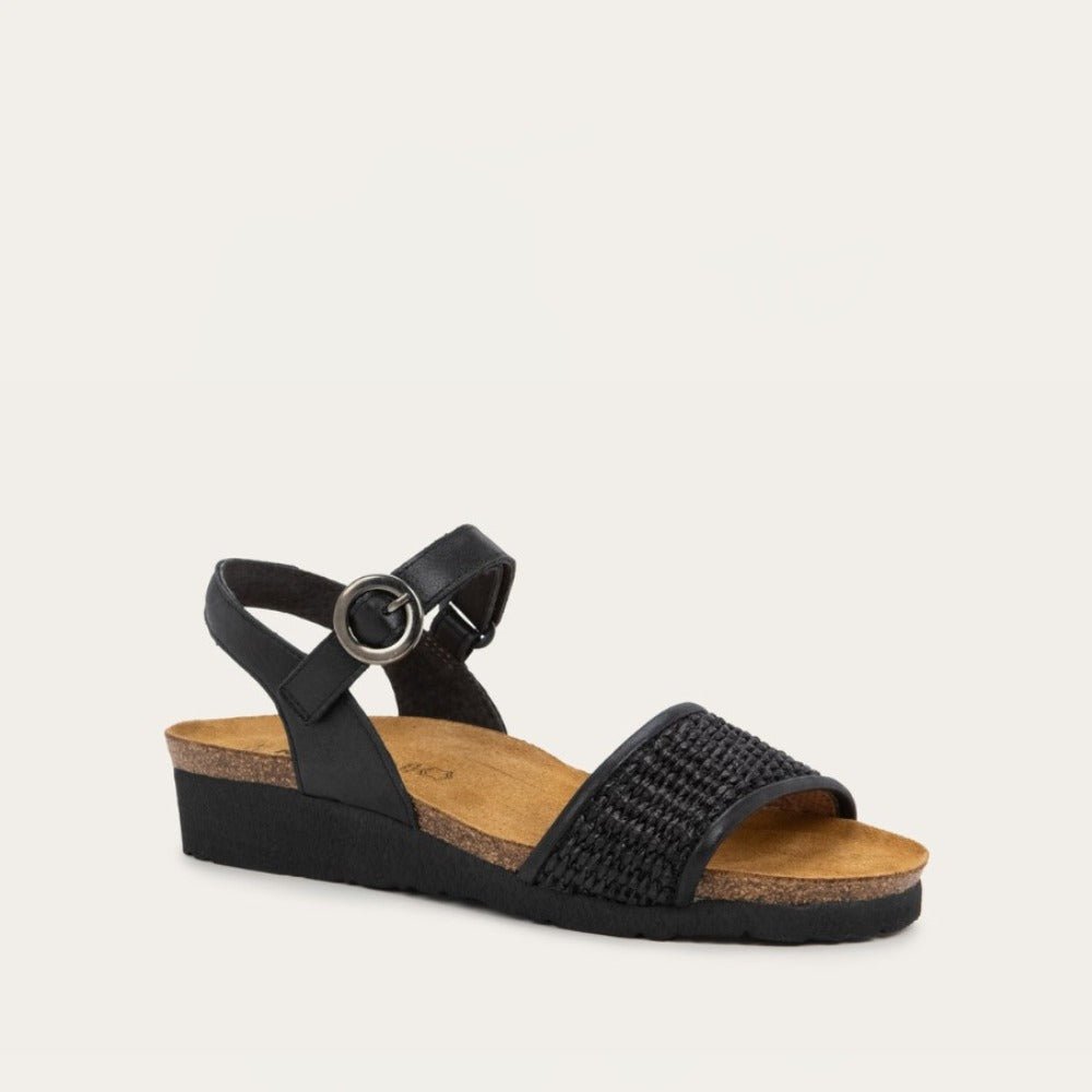 Cecile | Leather/Raffia | Shiny Black/Black Raffia - sandals - Naot