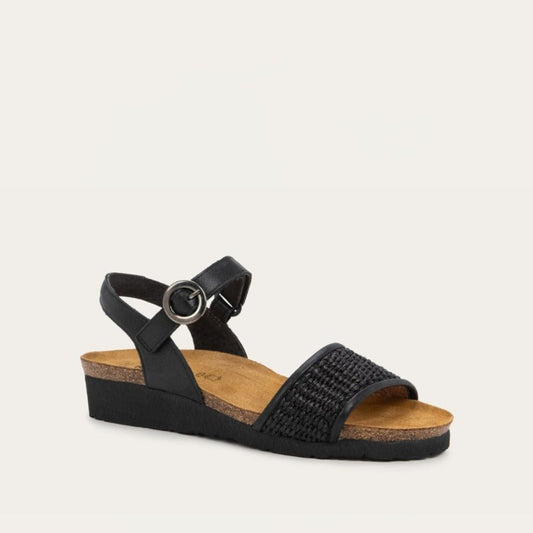 Cecile | Leather/Raffia | Shiny Black/Black Raffia - sandals - Naot