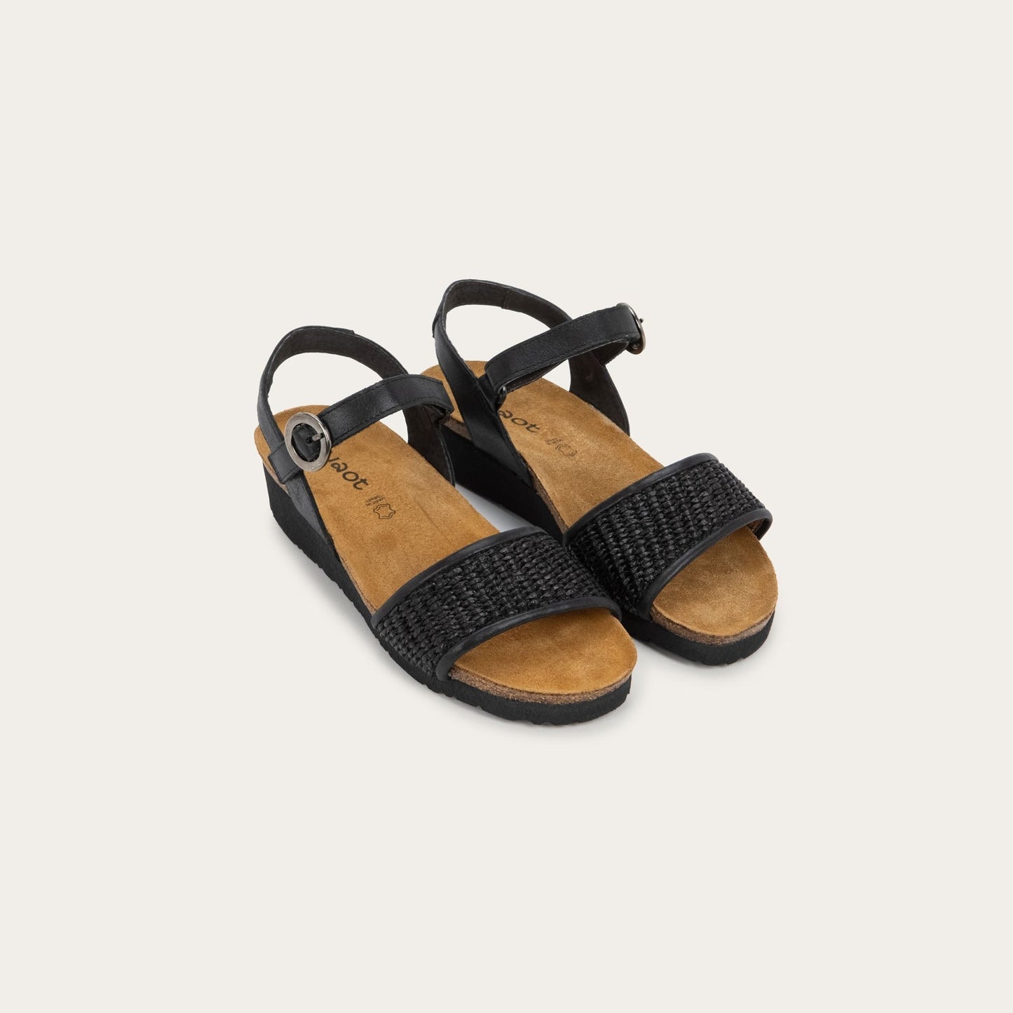 Cecile | Leather/Raffia | Shiny Black/Black Raffia - sandals - Naot