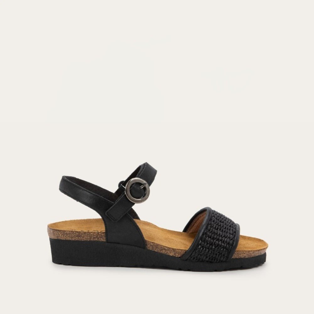 Cecile | Leather/Raffia | Shiny Black/Black Raffia - sandals - Naot