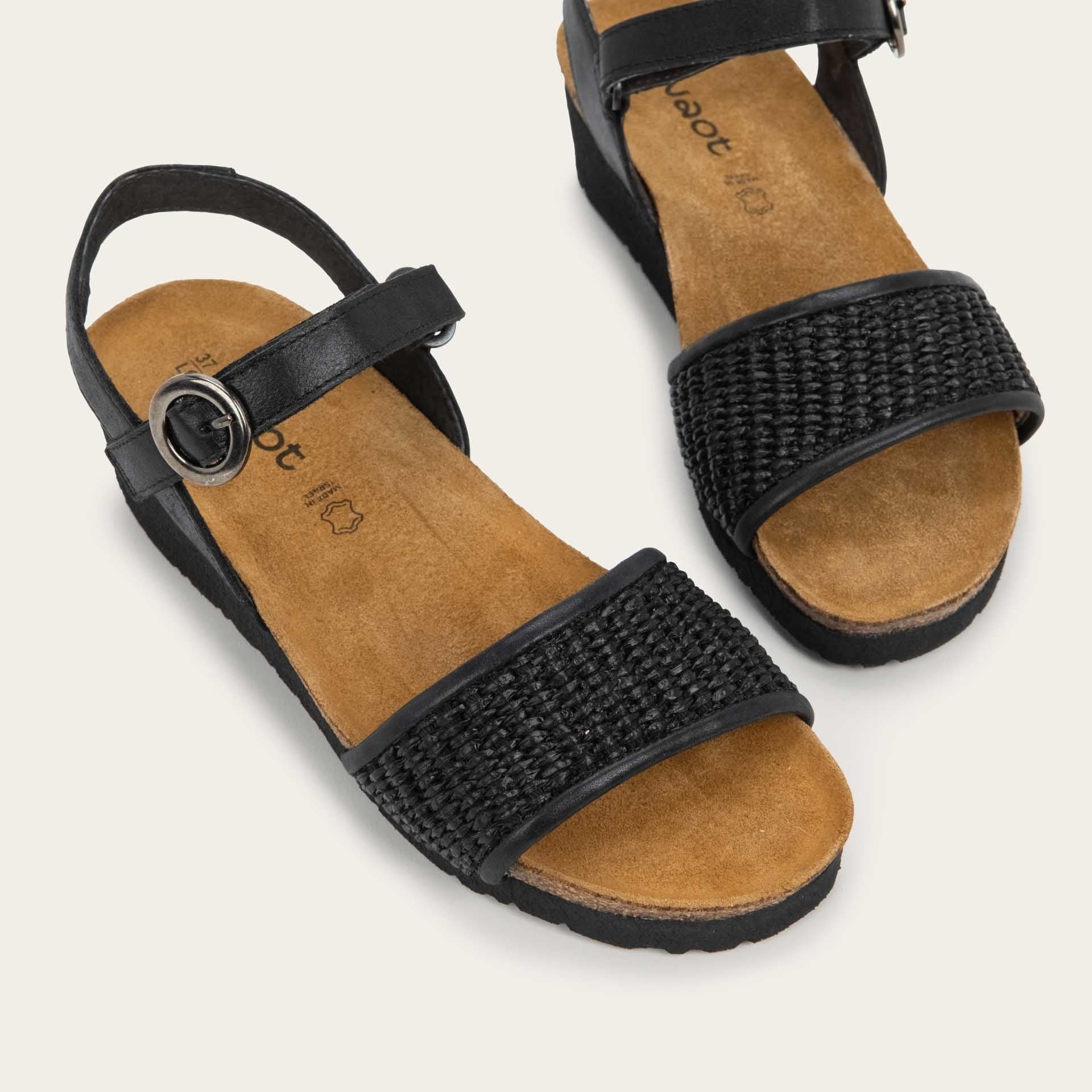 Cecile | Leather/Raffia | Shiny Black/Black Raffia - sandals - Naot