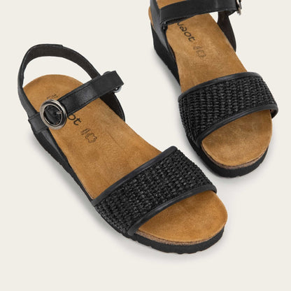 Cecile | Leather/Raffia | Shiny Black/Black Raffia - sandals - Naot
