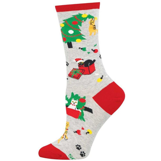 Kitty Christmas Chaos | Women | Lt Gray Heather - socks - Socksmith