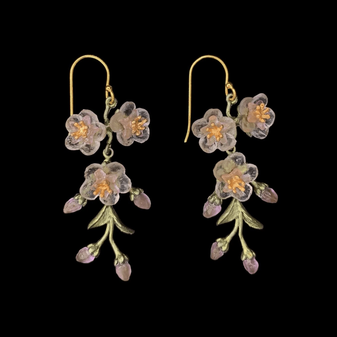 Peach Blossom 3 Flower Earring | Cast Bronze & Glass - Earring - Michael Michaud