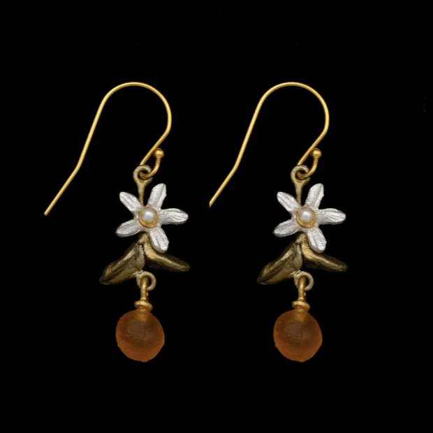 Dainty Orange Blossom | Wire Earring | Bronze/ White Pearl/ Cast Glass - Earring - Michael Michaud