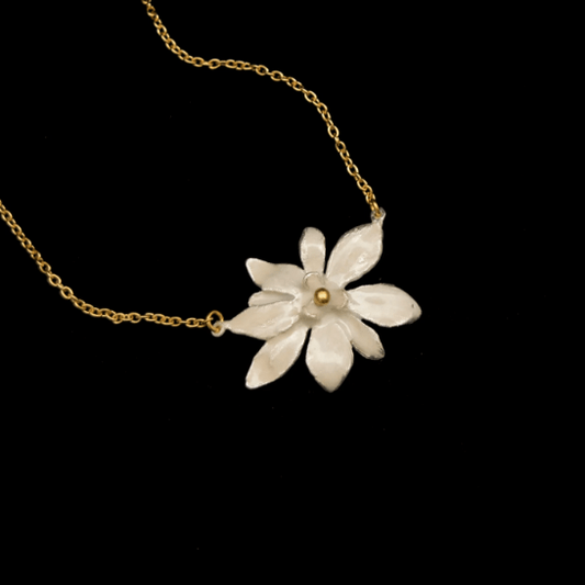 Magnolia Flower | 16" Pendant Necklace | Gold Plate/ White Pearl - Necklace - Michael Michaud
